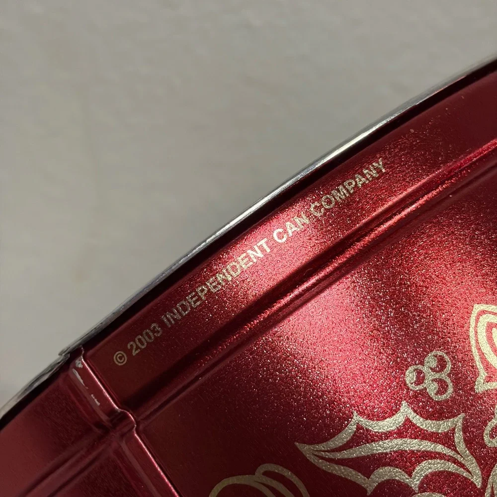 intage 2003 Christmas Cookie Tin Red Metallic Holly Berry Round Holiday Storage